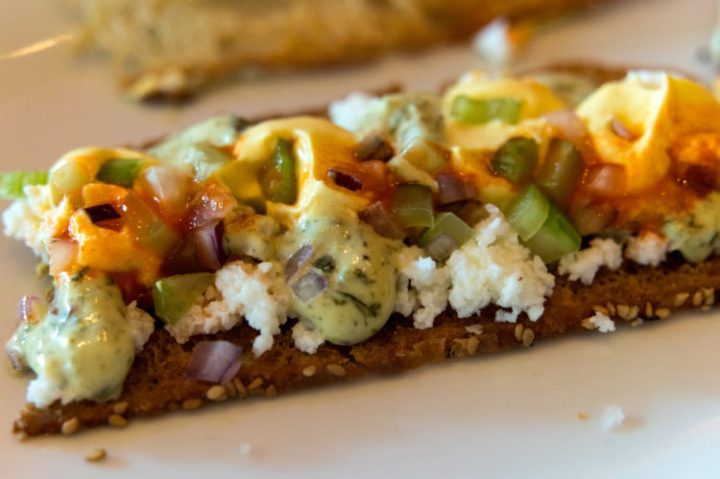 Egg Salad with tarragon aîoli, hot Sauce, and pan dentelle