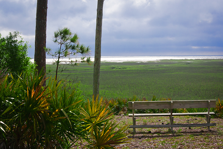 Clear beach and Atlantic Ocean view from St. Catherine's Island, Georgia, with a bench overlooking the water.