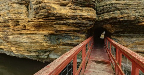 Hike Straight Through A Giant Rock Formation At Pier Natural Bridge Park In Wisconsin    