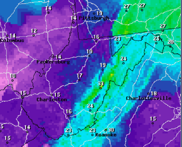 (These numbers indicate wind speed in miles per hour for Friday night.)