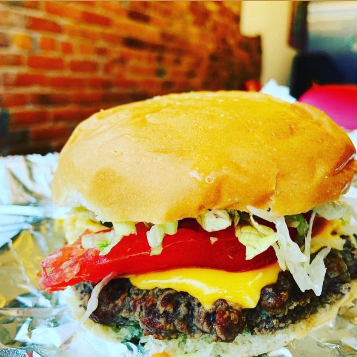 a burger at Miller's Creamery in Ohio