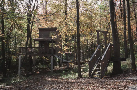 Feel Like A Kid Again When You Stay At The Trailside Village, A Treehouse Airbnb In Ohio With Its Own Swinging Bridge