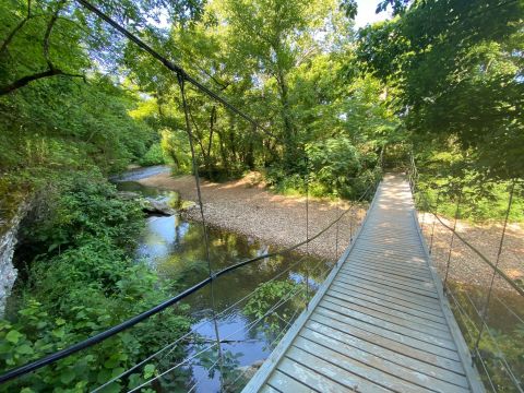 Walk Across A Suspension Bridge On Tanyard Creek Nature Trail In Arkansas