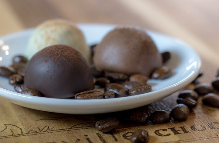 An assortment of three coffee and chocolate bonbons at Asheville Chocolate in Asheville, one of North Carolina's many chocolate shops