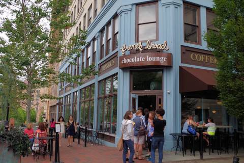 Pastel blue exterior of French Broad Chocolates in North Carolina, one of Asheville's best chocolate shops