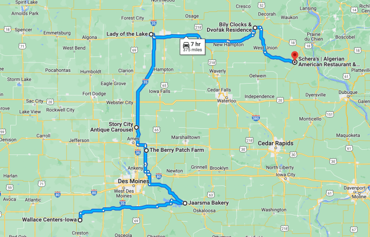 rural road trip in iowa - map