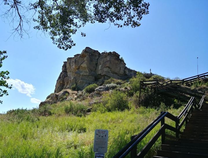 A staircase leads up to the summit of Pompey's Pillar - an underrated geologic formation in eastern Montana