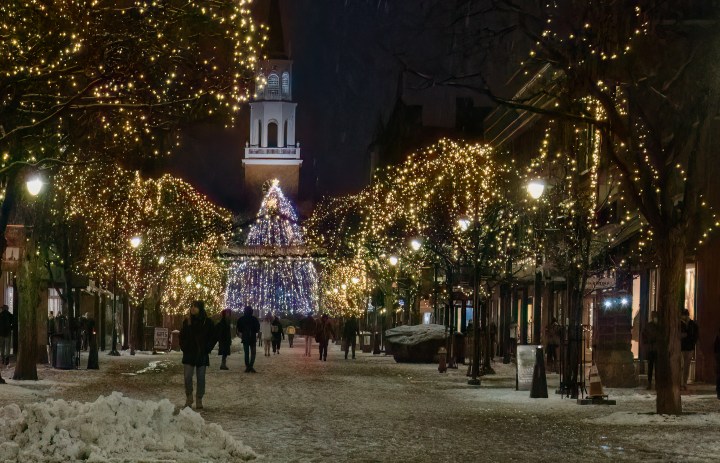 Christmas Tree and street lit up for the Holiday season with shoppers out in the evening