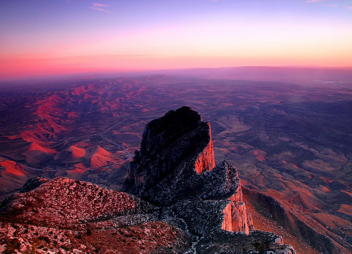 Sunset from summit of Guadalupe Peak, Guadalupe Mountains National Park, Texas.