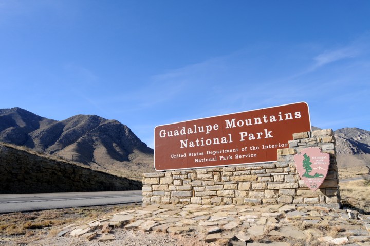 Scenic Guadalupe Mountains stretch from Texas to New Mexico, in the United States. Entrance to the National Park on road 62/180.