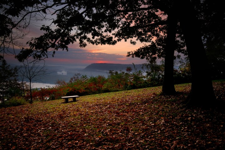 This overlooks the Mississippi River in autumn. Sunrise, looking east to Wisconsin. Taken on the highest point on the Mississippi River, which is Pike's Peak State Park in Iowa.