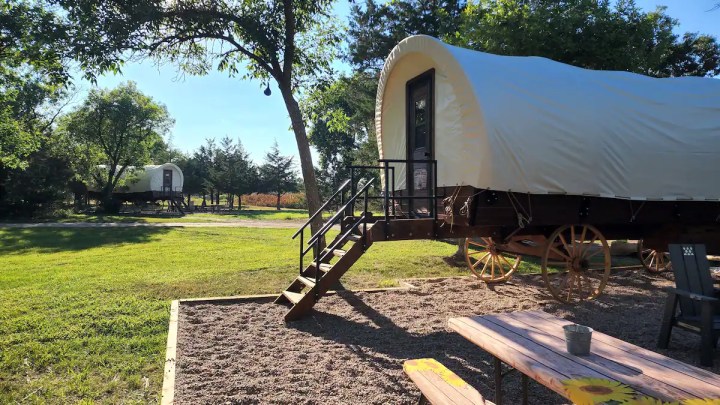 There are two wagons at the rental property.