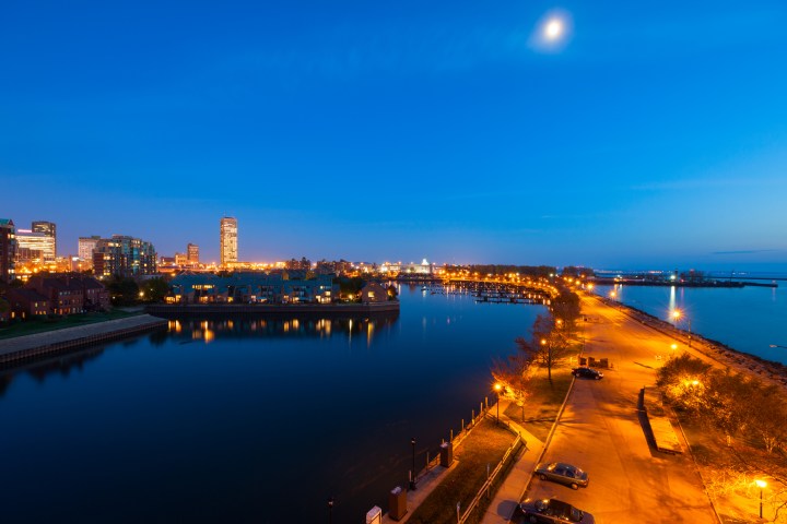 Downtown waterfront in Buffalo on a Moonlit night, New York, USA