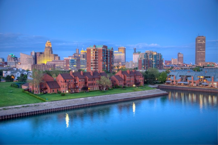 Downtown Buffalo skyline along the historic waterfront district at night. Buffalo is a city in the U.S. state of New York and the seat of Erie County located in Western New York on the eastern shores of Lake Erie. Buffalo is known for its close proximity to Niagara Falls, good museums and cultural attractions