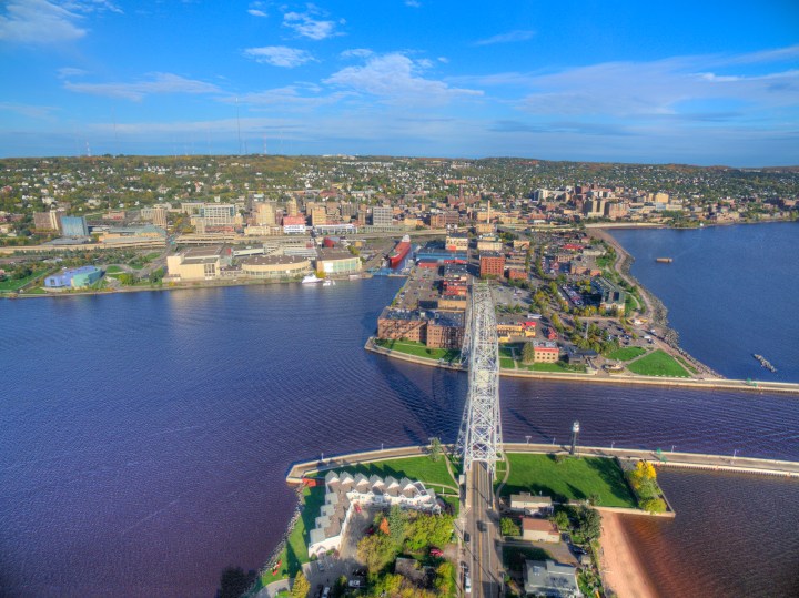 Duluth and Lake Superior in Summer seen from Above by Drone