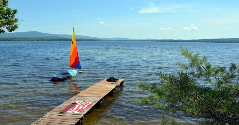 view of sailboat on Webb Lake Maine