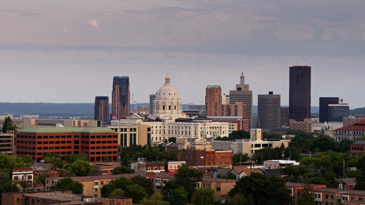 Aerial shot of St Paul, Minnesota at sunset.