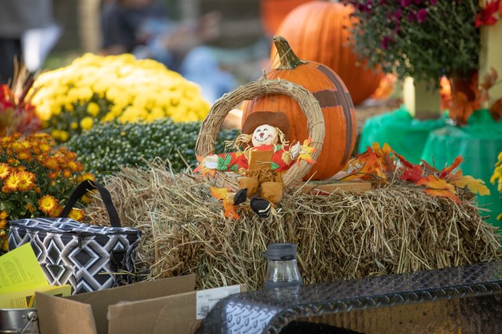 Close-up of a scarecrow doll on a haystack.