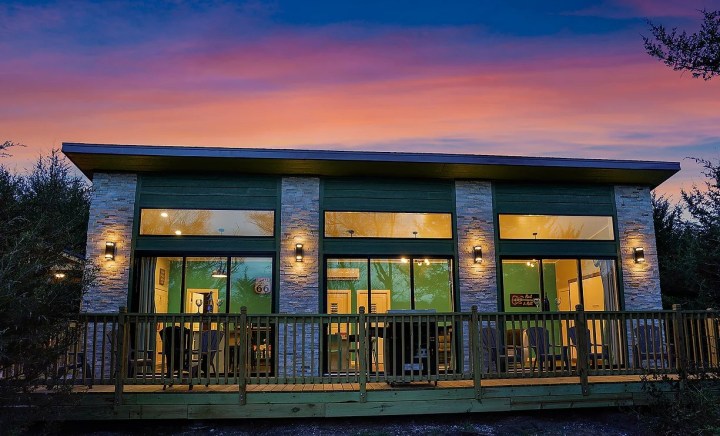 Lovely glamping cabin at dusk