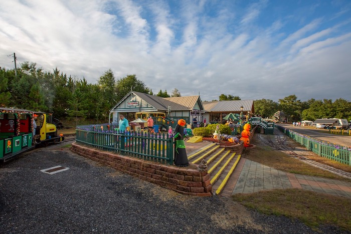 Aerial view of the Pumpkin Patch Express depot at Wales West Light Railway & RV Resort, a Halloween train ride in Silverhill, Alabama