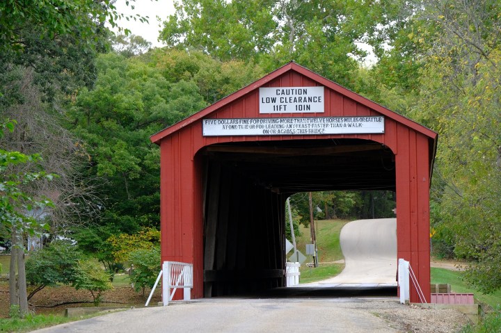 red-covered bridge in Princeton, Illinois