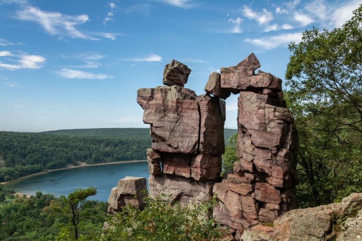 Devils Doorway rock formation overlooking Devils Lake. Devils Lake state park, Wisconsin.