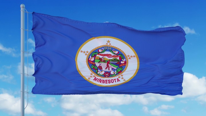 Minnesota flag on a flagpole waving in the wind, blue sky background. 3d rendering.