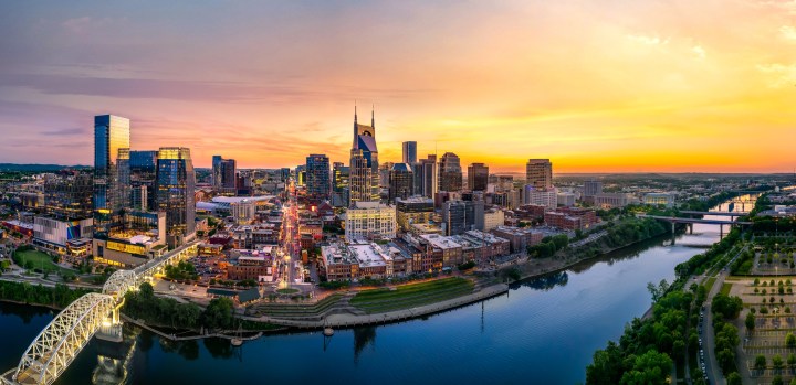 Nashville skyline with braodway and sunset