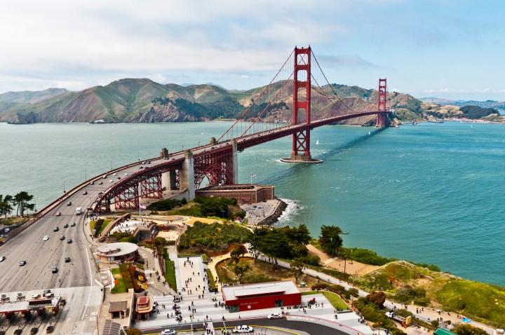 The Golden Gate Bridge from the Fort Baker side featuring the new Golden Gate Pavilion gift and information center.