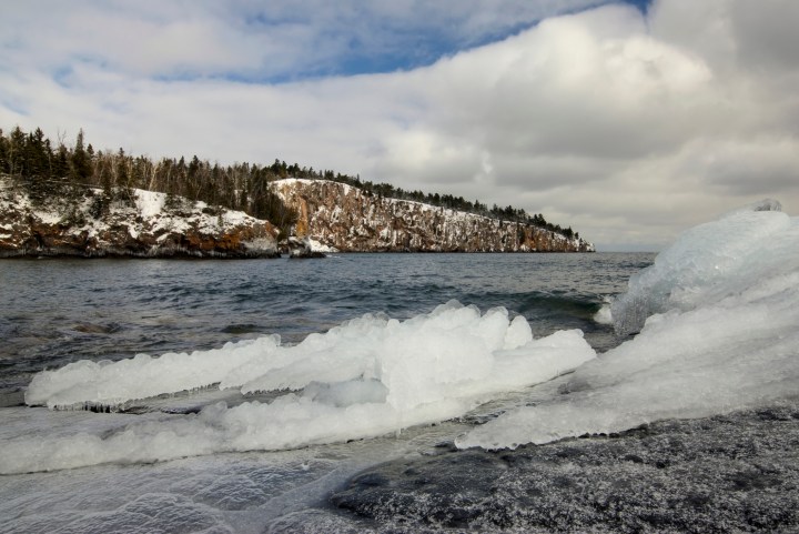 Ice bergs and snow on the shore of Lake Superior, Shovel point in the distance.