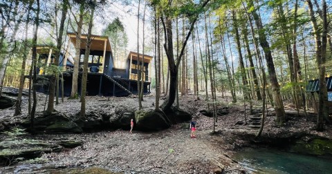 My Family Enjoyed A Magical Stay At This New Hocking Hills Cabin With Two Waterfalls And A Covered Bridge